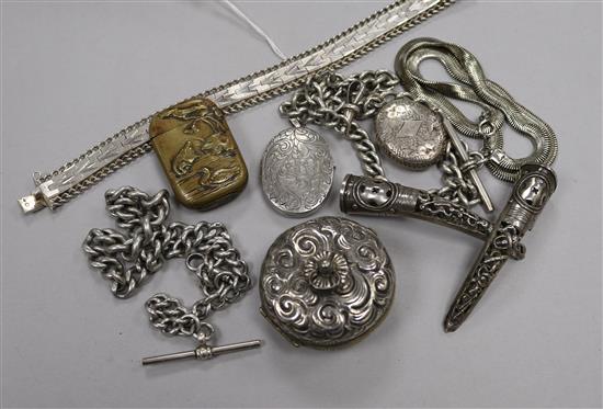 Two silver alberts, two white metal nail guards, two silver lockets, bracelet, vesta and Chinese base metal compass?